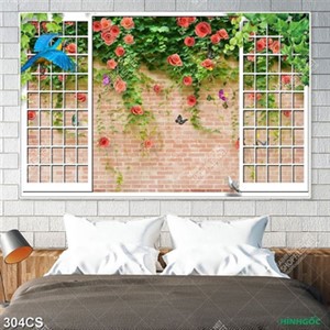 Tranh trang trí tường cửa sổ và hoa hồng dây leo chất lượng cao