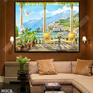 Tranh ban công và thành phố bên sông núi chất lượng cao