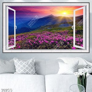 Tranh cửa sổ và hoa trên đổi núi decor phòng khách nghệ thuật