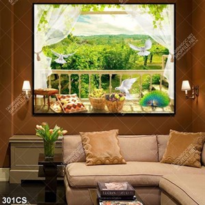 Tranh cửa sổ bên vườn nho xanh mát file gốc