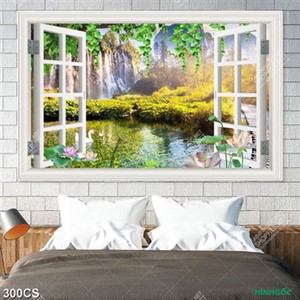 Tranh thiên nhiên giao hoan bên ô cửa sổ in kính