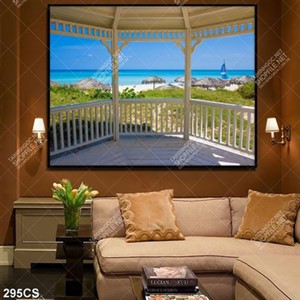 Tranh phong cảnh biển bên khung cửa trắng chất lượng cao