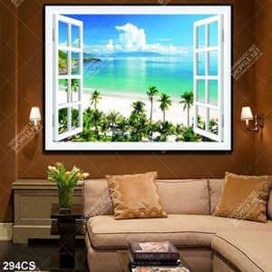 Tranh cửa sổ và bãi biển trang trí phòng khách