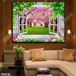 Tranh dán tường in uv cửa sổ và hoa anh đào nở rộ
