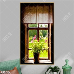 Tranh trang trí phòng chậu hoa nhỏ bên ô cửa sổ file psd