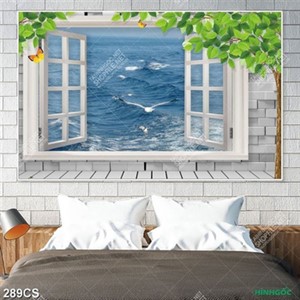 Tranh 3D cửa và sóng biển in kính