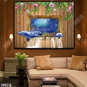 Tranh 3D cửa sổ và cá heo đẹp chất lượng cao
