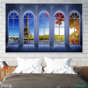 Tranh chiều hoàng hôn trên tháp Eiffel bên ô cửa sổ đẹp in kính