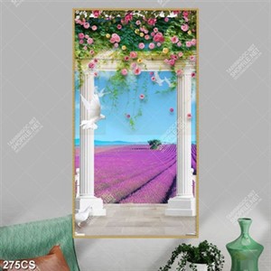 Tranh trang trí phòng khách vườn hoa oải hương bên khung cửa