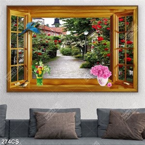 Tranh cửa sổ bên vườn hồng đỏ in kính