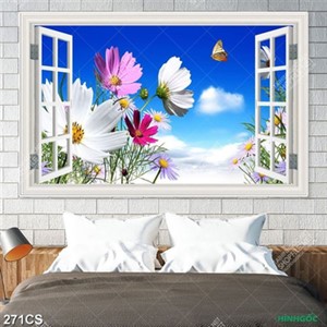 Tranh gắn tường ô cửa sổ bên hoa và bầu trời trong xanh in uv