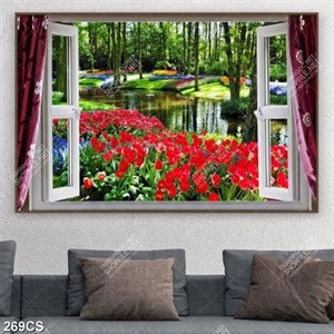 Tranh cửa sổ và hoa bên dòng nước đẹp nhất