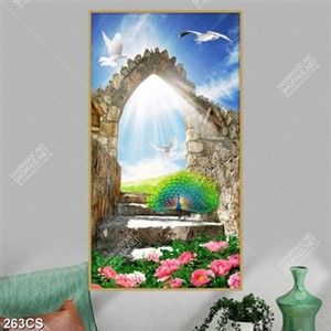 Tranh chim công bên khung cửa nghệ thuật in uv