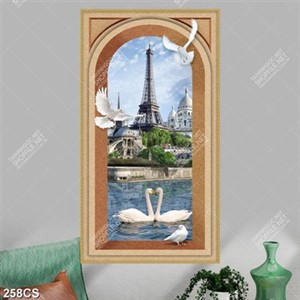 Tranh tháp Eiffel và đôi thiên nga trắng bên ô cửa sổ