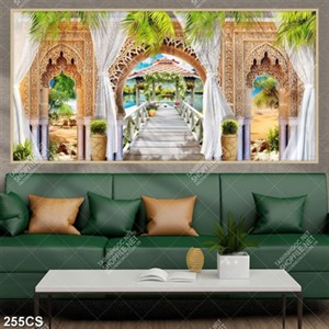 Tranh khung cửa hướng ra bãi biển in kính