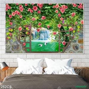 Tranh cửa sổ phủ dàn hoa hồng leo bên thác nước đẹp nhất in kính