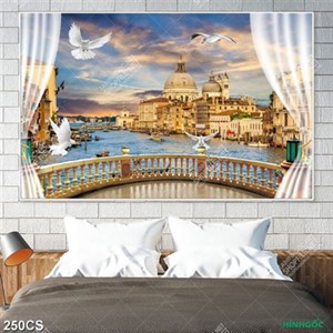 Tranh ban công hướng ra tòa lâu đài trên biển trang trí phòng khách