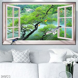 Tranh cửa sổ bên cây và chim bay lượn