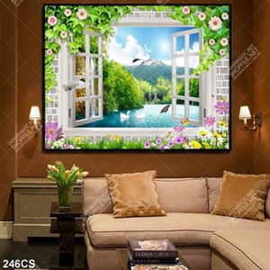 Tranh thiên nhiên bên khung cửa sổ decor phòng ngủ