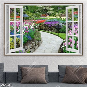 Tranh khung cửa sổ và vườn hoa tulip nhiều màu sắc