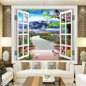 Tranh trang trí phòng ngủ cửa sổ nhìn ra vườn hoa và núi in uv Tranh trang trí phòng ngủ cửa sổ nhìn ra vườn hoa và núi in uv