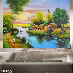 Tranh trang trí nội thất ngôi nhà mái lá bên dòng sông chất lượng cao Tranh trang trí nội thất ngôi nhà mái lá bên dòng sông chất lượng cao