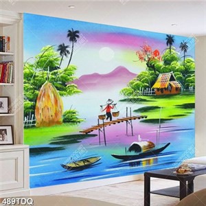 Tranh sơn dầu gắn tường ngôi nhà lá bên con sông nhỏ đẹp in kính Tranh sơn dầu gắn tường ngôi nhà lá bên con sông nhỏ đẹp in kính