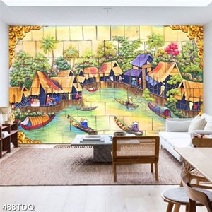 Tranh ghép 3D những ngôi nhà lá bên dòng sông file gốc