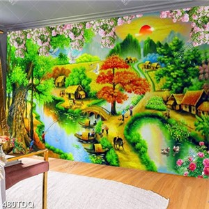 Tranh dán tường mùa xuân trên làng quê file gốc