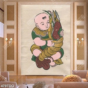 Tranh Đông Hồ chú bé ôm tôm decor tường