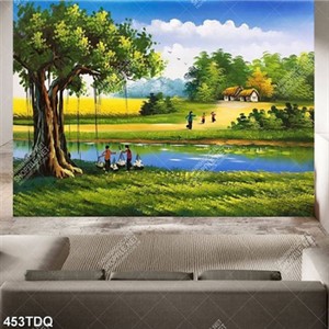 Tranh đồng quê cây đa bên dòng sông khổ ngang trang trí nội thất