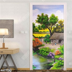 Tranh làng quê những đứa bé nô đùa trước ngôi nhà bình yên