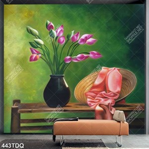 Tranh tĩnh vật hoa sen và nón lá nghệ thuật