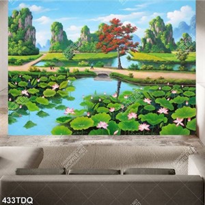 Tranh phong cảnh hồ sen bên sông núi nghệ thuật