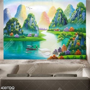 Tranh sơn dầu thuyền chài bên sông núi chất lượng cao