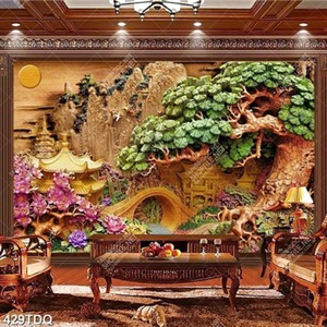 Tranh 3D giả ngọc ngôi chùa bên cây cầu vàng đẹp decor phòng khách