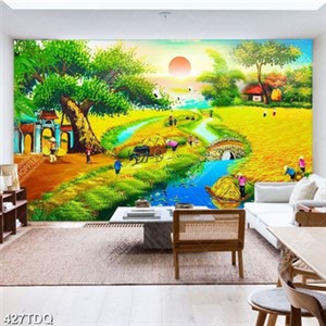 Tranh phong cảnh làng quê mùa lúa chín vàng file psd