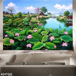 Tranh làng quê hồ sen bên dòng sông trang trí tường file gốc