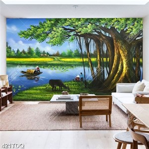 Tranh phong cảnh làng quê cây đa bên dòng sông đẹp