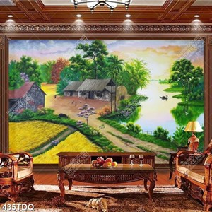 Tranh làng quê ngôi nhà lá bên dòng sông xanh