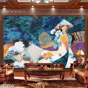 Tranh sơn dầu thiếu nữ và hoa sen nghệ thuật