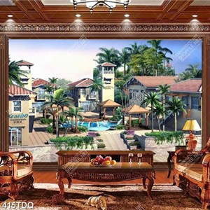 Tranh dán tường khu phố bên những cây dừa đẹp nhất