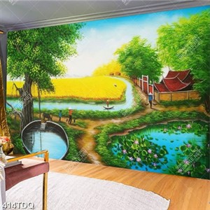 Tranh giếng nước đầu làng bên cây đa in kính