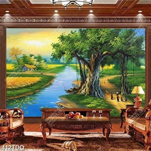 Tranh những đứa bé nô đùa bên cây đa đầu làng