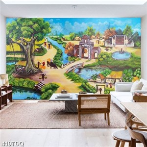 Tranh decor tường làng quê bình yên in kính