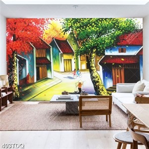 Tranh decor tường phố cổ bên những hàng cây đẹp in uv