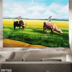 Tranh trang trí tường in uv những chú bé chăn trâu trên đồng cỏ xanh