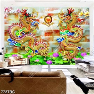Tranh tranh song long nền giả ngọc in kính đẹp