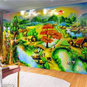 Tranh làng quê những người nông dân đang thu hoạch lúa