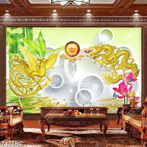 Tranh Rồng và Phượng Hoàng vàng nền 3D đẹp